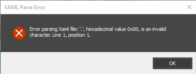 0em3a0000008cn5 "XAML Parse Error: ".", hexadecimal value 0x00, is an invalid character. Line 1, position 1." when starting 3ds Max
